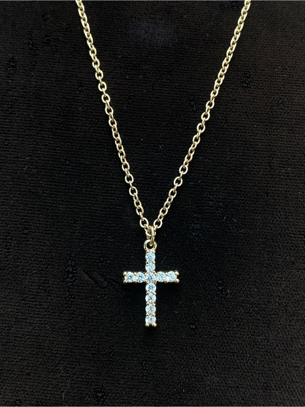 Gold Cross Pendant Necklace with Clear Stones Signed GV9 - Picture 3 of 13